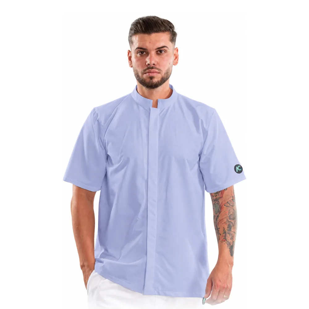 Bluză medicală pentru bărbați cu guler tunică și închidere ascunsă, culoare Baby blue