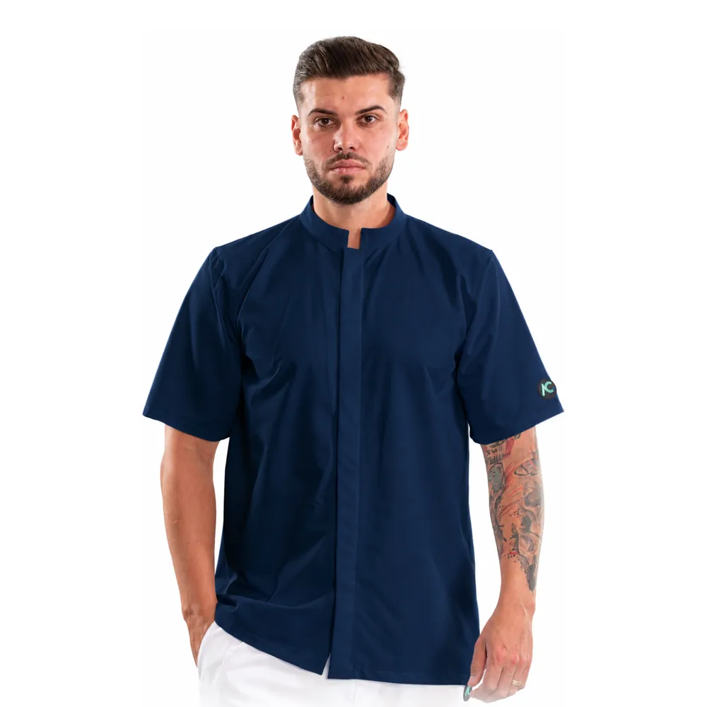 Bluză medicală pentru bărbați cu guler tunică și închidere ascunsă, culoare Classic navy