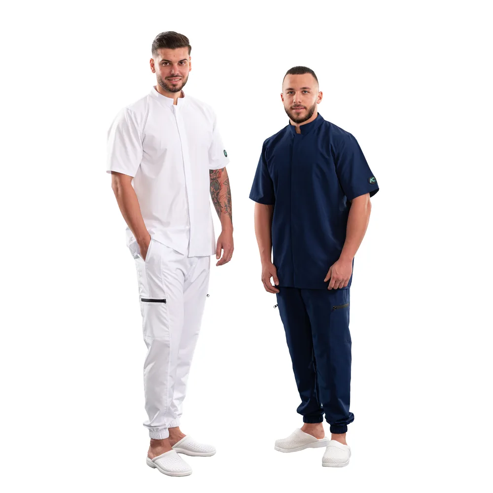 Bluză medicală pentru bărbați cu guler tunică și închidere ascunsă, culoare Classic navy, full body with navy