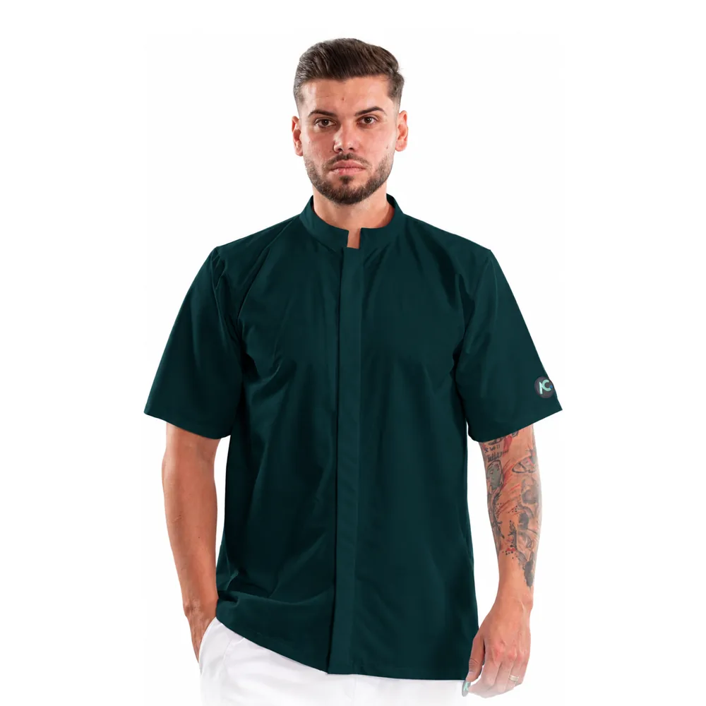 Bluză medicală pentru bărbați cu guler tunică și închidere ascunsă, culoare Dark green
