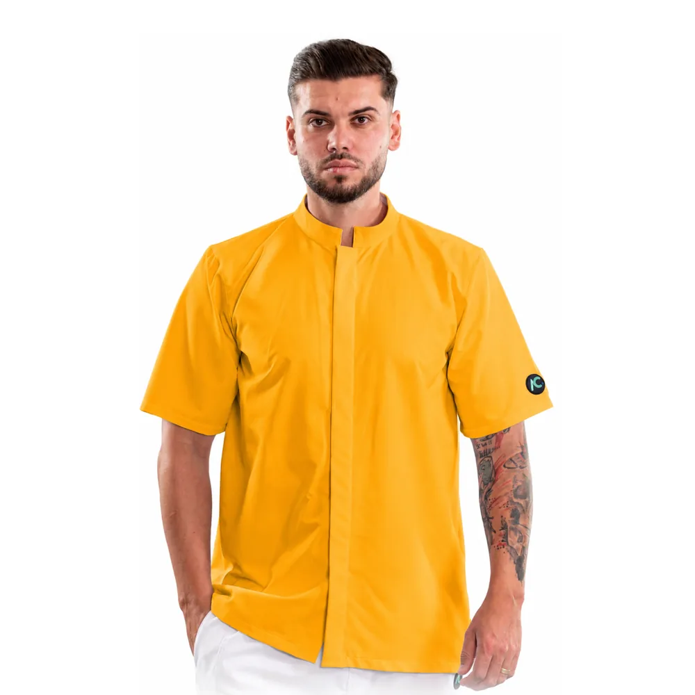 Bluză medicală pentru bărbați cu guler tunică și închidere ascunsă, culoare Sunflower
