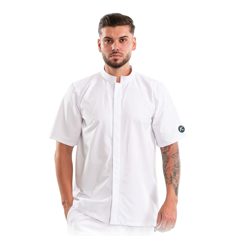 Bluză medicală pentru bărbați cu guler tunică și închidere ascunsă, culoare White