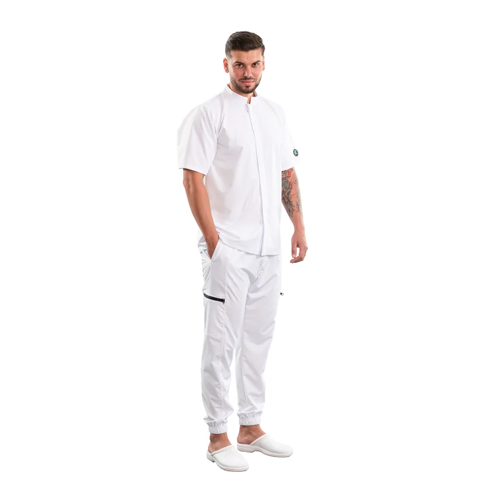 Bluză medicală pentru bărbați cu guler tunică și închidere ascunsă, culoare White, ținută completă