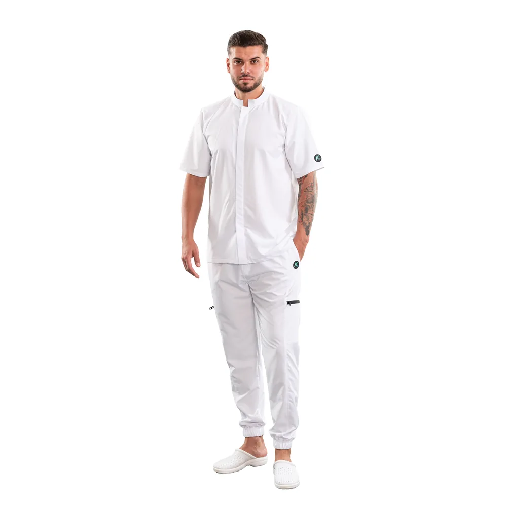 Bluză medicală pentru bărbați cu guler tunică și închidere ascunsă, culoare White, ținută completă