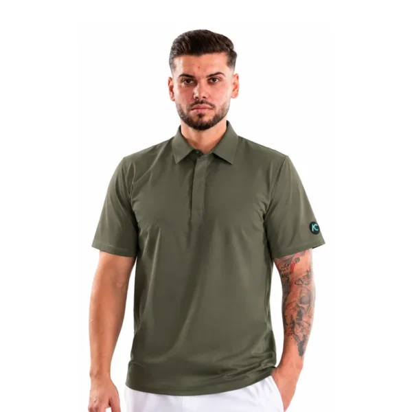 Men’s Polo-style medical blouse with concealed closure, colour Olive