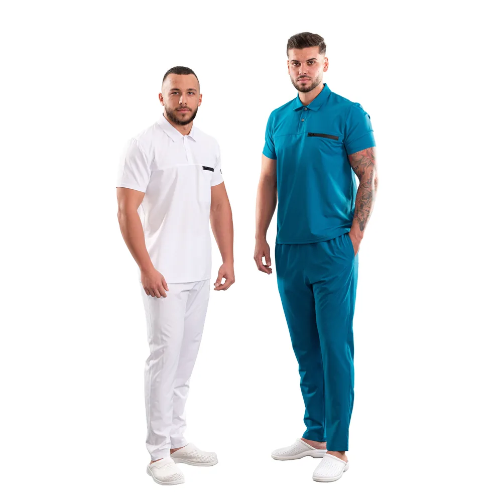 Bluză medicală pentru bărbați tip Polo cu nasturi, culoare Dark marine, full body with white