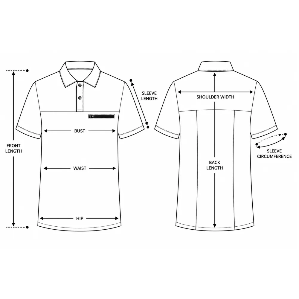 Bluză medicală pentru bărbați tip Polo cu nasturi, schiță tehnică