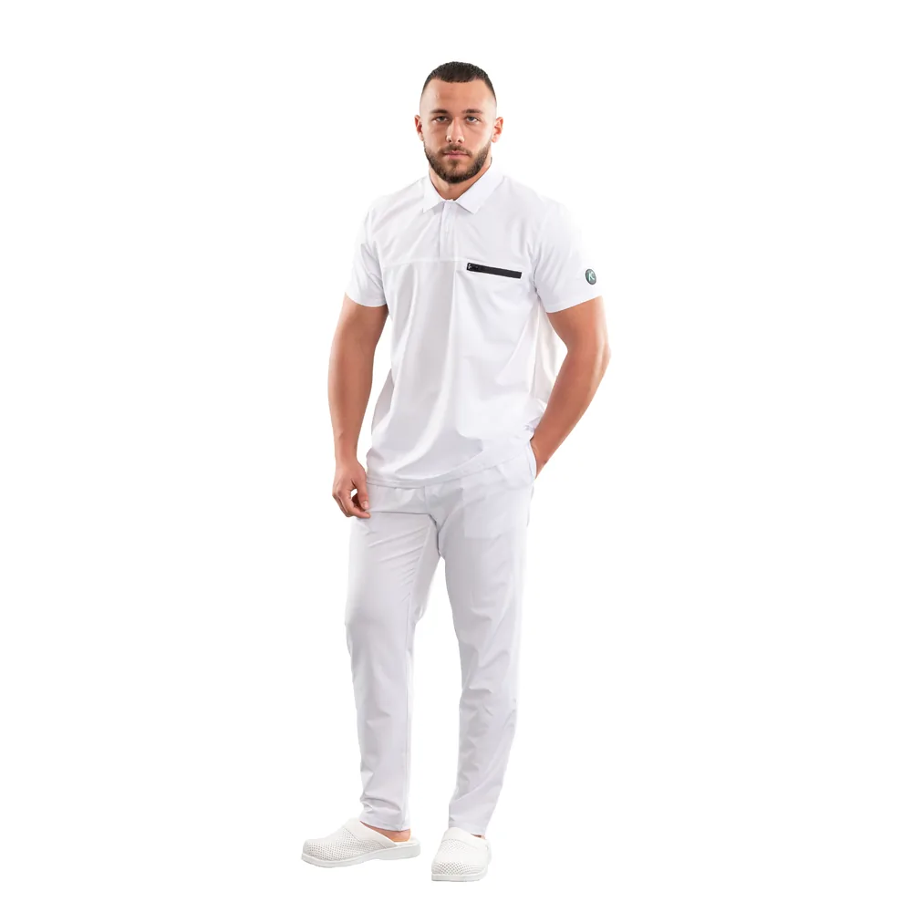Bluză medicală pentru bărbați tip Polo cu nasturi, culoare White, ținută completă