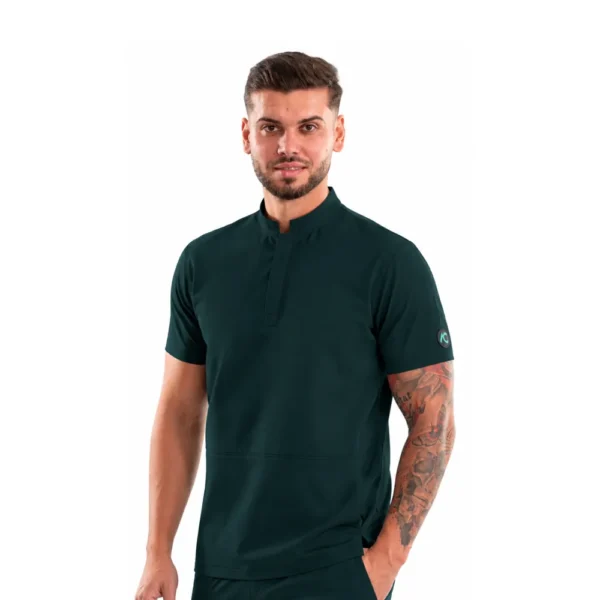 Bluză medicală pentru bărbați cu guler tunică și închidere ascunsă, culoare Dark green
