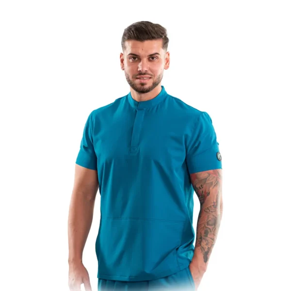 Men’s medical blouse with mandarin collar and concealed closure, colour Dark marine