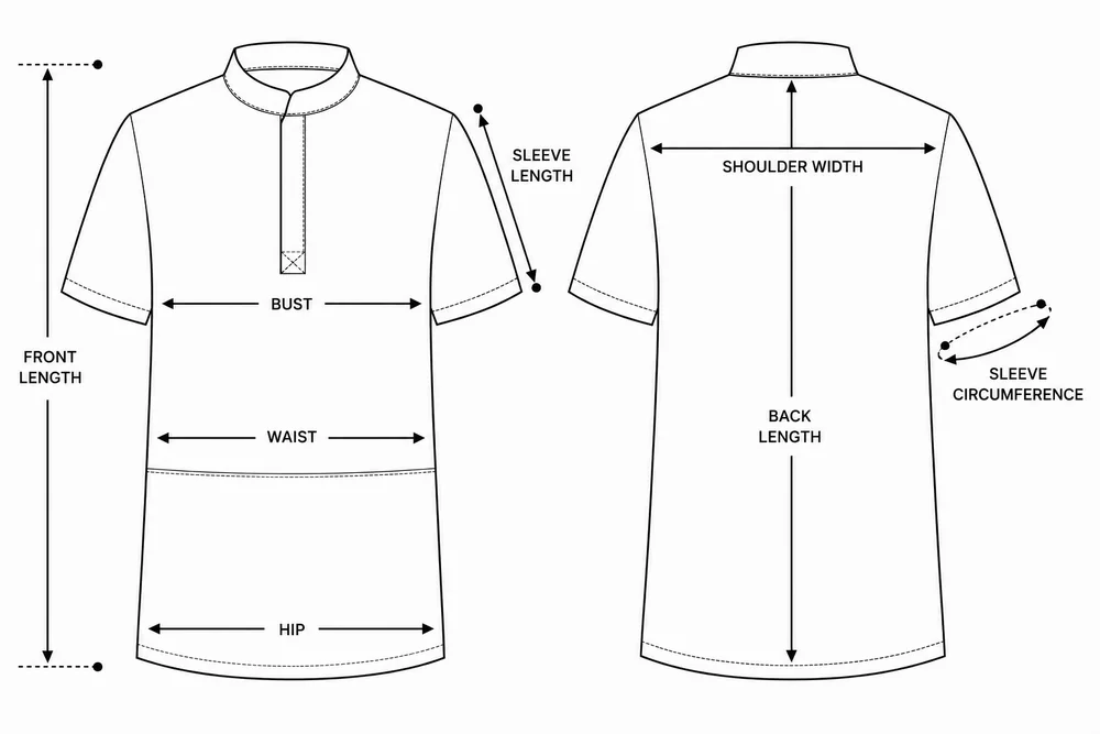 Measuring points for Men’s medical blouse with mandarin collar and kangaroo pocket