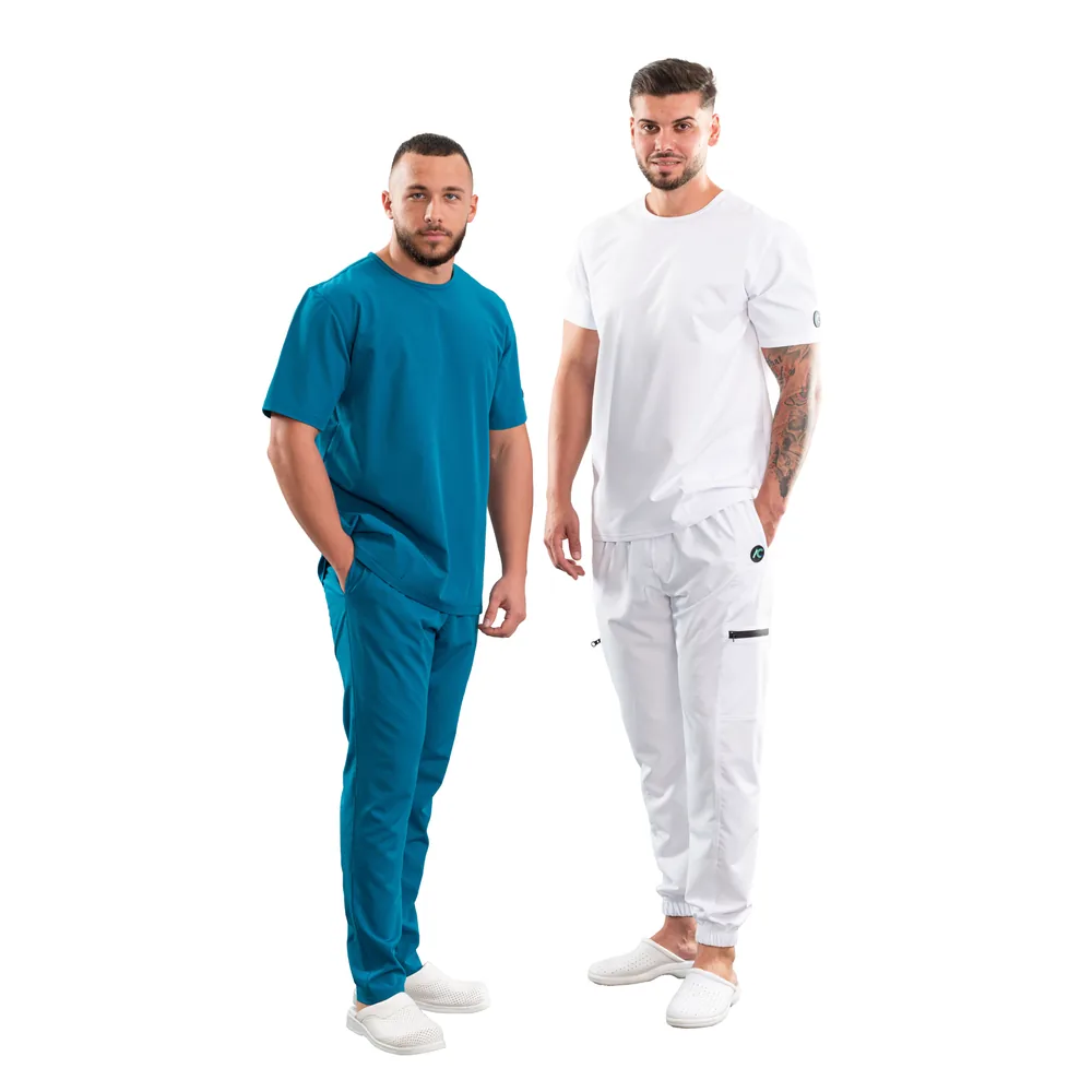 Men’s Active Sport medical blouse with round neck, colour Dark marine, full body with white