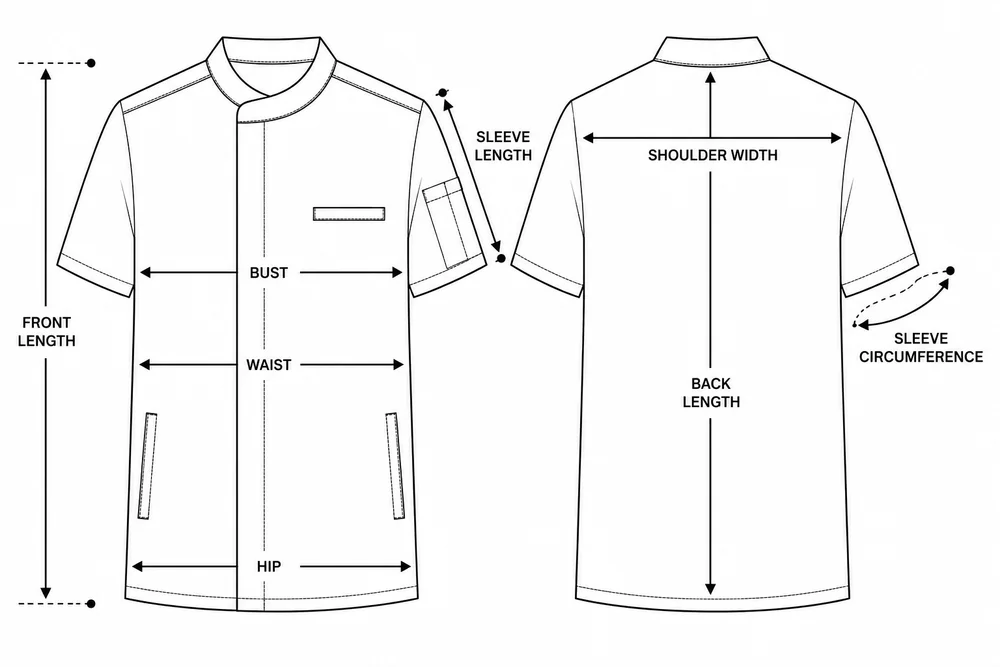 Measuring points for Men’s Core medical blouse