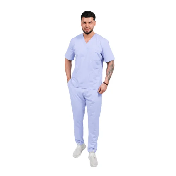 Bluză medicală pentru bărbați Smart-Clasic cu decolteu petrecut, culoare Baby blue