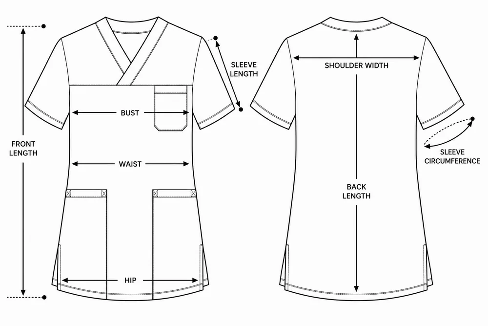 Measuring points for Men’s Smart Classic medical blouse with crossover neckline