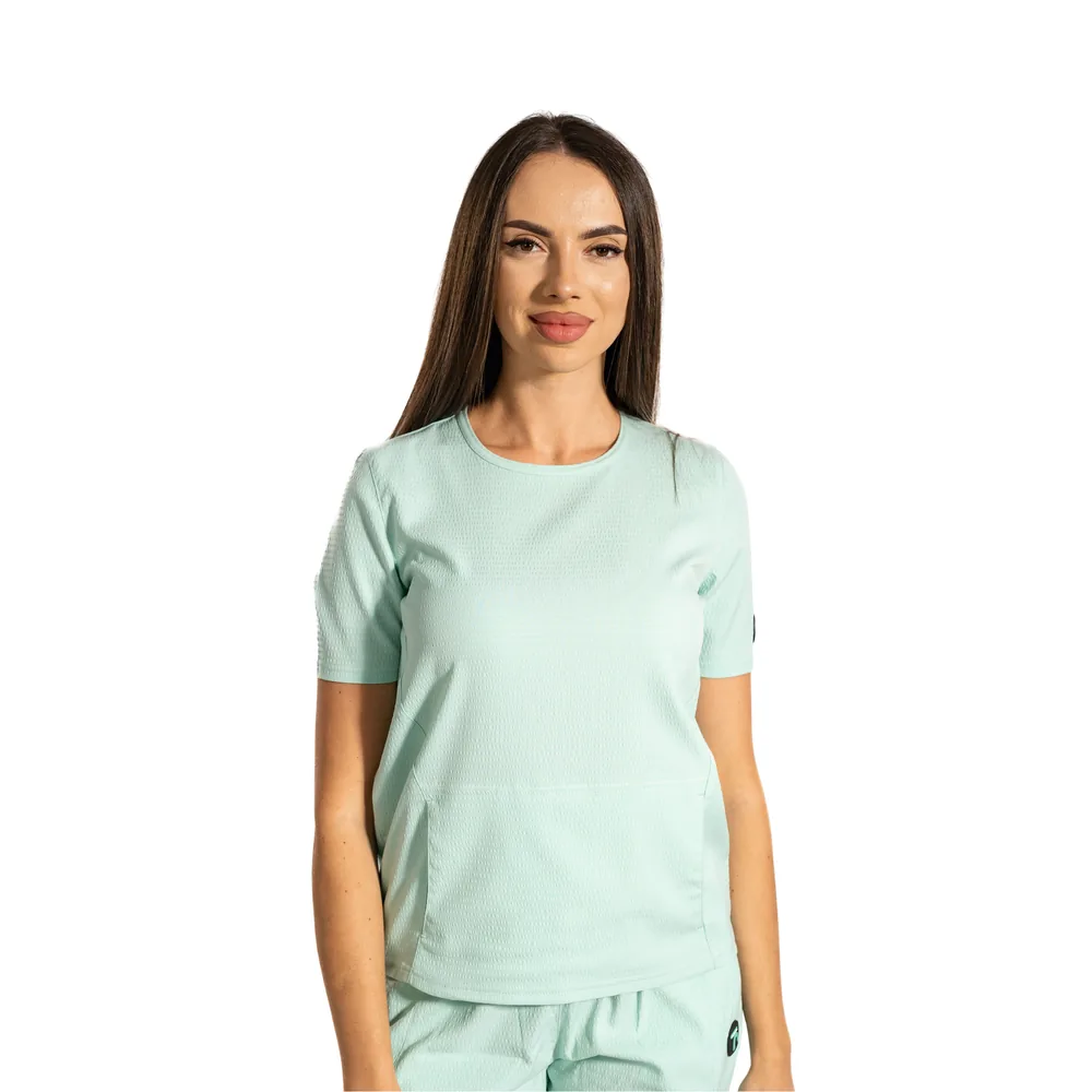 Bluză medicală tip tricou cu buzunar marsupiu pe față