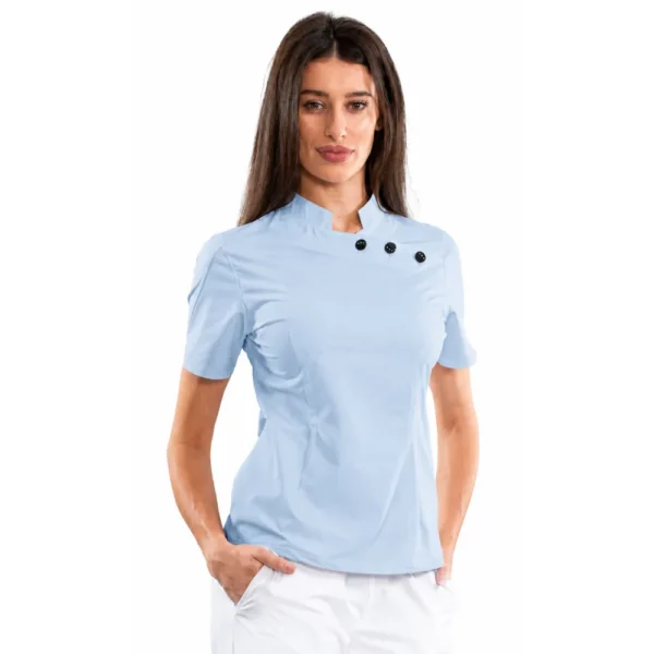 Bluză medicală damă cu guler tunică și nasturi decorativi, culoare Baby blue