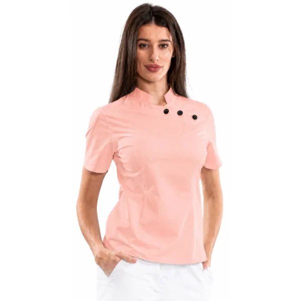 Bluză medicală damă cu guler tunică și nasturi decorativi, culoare Powder pink