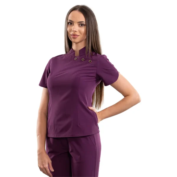 Bluză medicală damă cu guler tunică și nasturi decorativi, culoare Purple