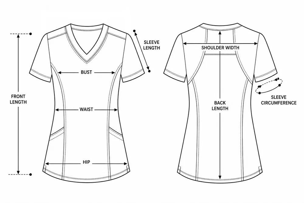 Measuring points for Classic comfort women's medical blouse with V-neck