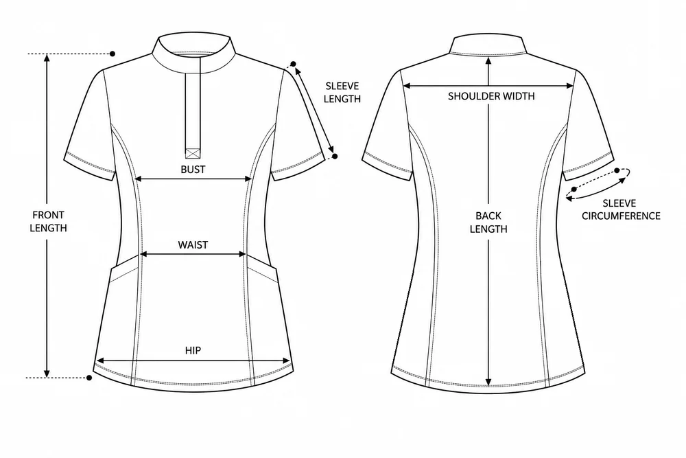 Measuring points for Women's smart line medical blouse with a mandarin collar