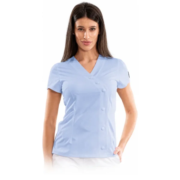 Bluză medicală damă Elegance cu închidere asimetrică, culoare Baby blue