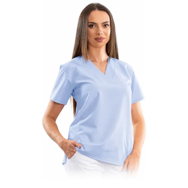 Bluză medicală damă Relax Fit cu decolteu V petrecut, culoare Baby blue
