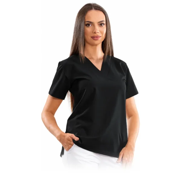 Bluză medicală damă Relax Fit cu decolteu V petrecut, culoare Black