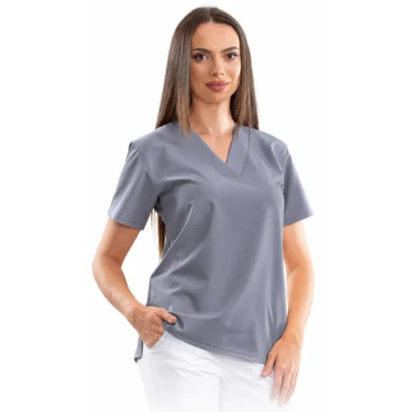 Bluză medicală damă Relax Fit cu decolteu V petrecut, culoare Grey