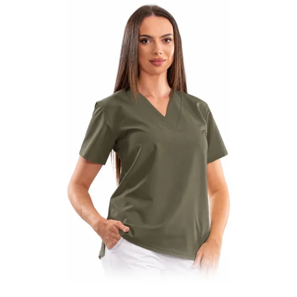 Bluză medicală damă Relax Fit cu decolteu V petrecut, culoare Olive