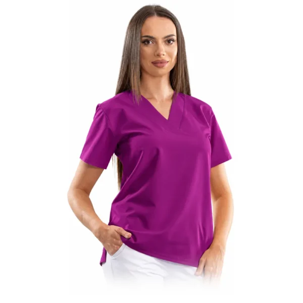 Bluză medicală damă Relax Fit cu decolteu V petrecut, culoare Raspberry