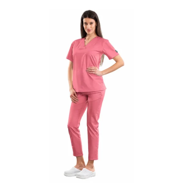 Relax Fit women’s medical blouse with crossover V-neckline and kangaroo pocket, colour Ash pink