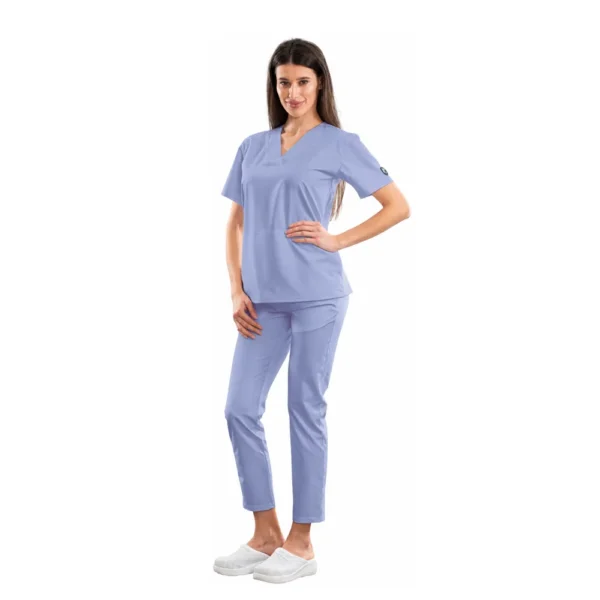 Relax Fit women’s medical blouse with crossover V-neckline and kangaroo pocket, colour Baby blue