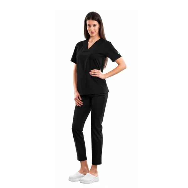Bluză medicală damă Relax Fit cu decolteu V petrecut si buzunar marsupiu, culoare Black