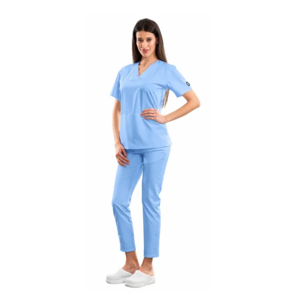 Bluză medicală damă Relax Fit cu decolteu V petrecut si buzunar marsupiu, culoare Blue ashes