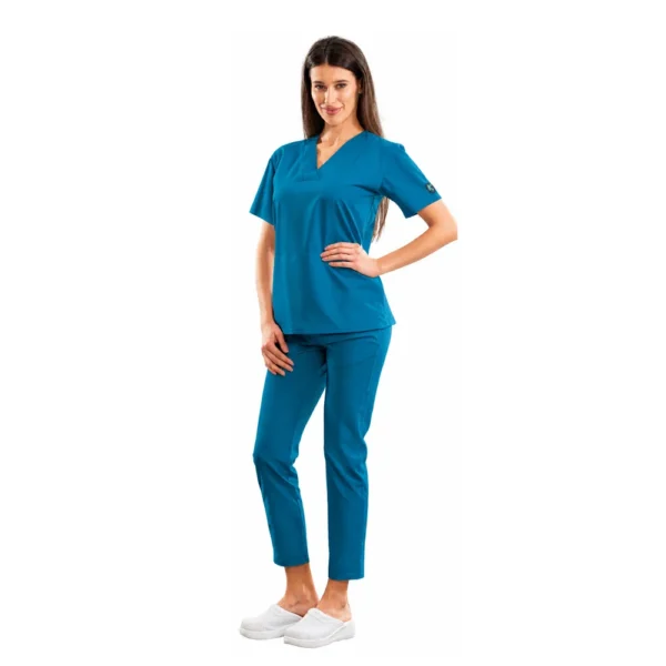 Bluză medicală damă Relax Fit cu decolteu V petrecut si buzunar marsupiu, culoare Dark marine