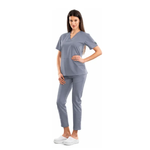 Bluză medicală damă Relax Fit cu decolteu V petrecut si buzunar marsupiu, culoare Grey