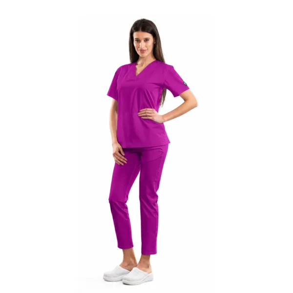 Relax Fit women’s medical blouse with crossover V-neckline and kangaroo pocket, colour Raspberry