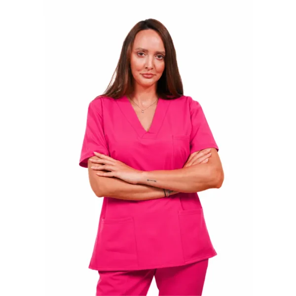 Bluză medicală damă Relax Fit cu decolteu V petrecut si 3 buzunare, culoare Amarant