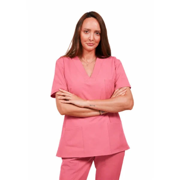 Bluză medicală damă Relax Fit cu decolteu V petrecut si 3 buzunare, culoare Ash pink