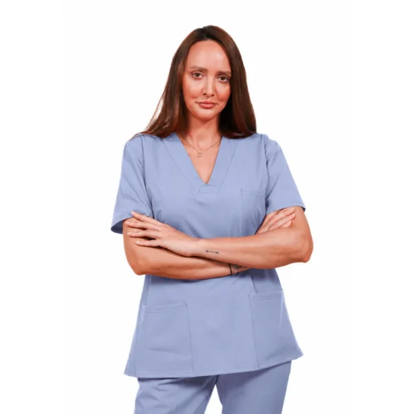 Relax Fit women’s medical blouse with crossover V-Neckline and 3 pockets, colour Baby blue