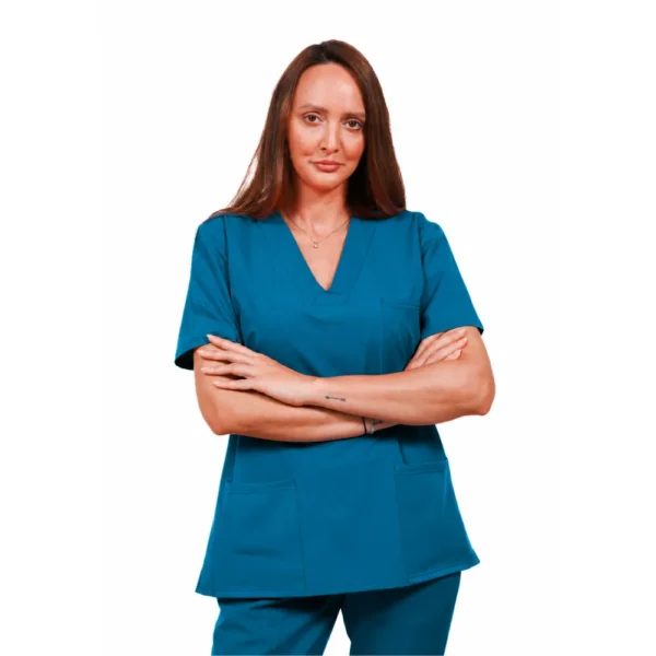 Relax Fit women’s medical blouse with crossover V-Neckline and 3 pockets, colour Dark marine