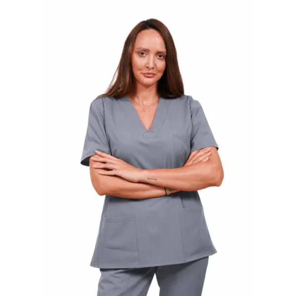 Bluză medicală damă Relax Fit cu decolteu V petrecut si 3 buzunare, culoare Grey