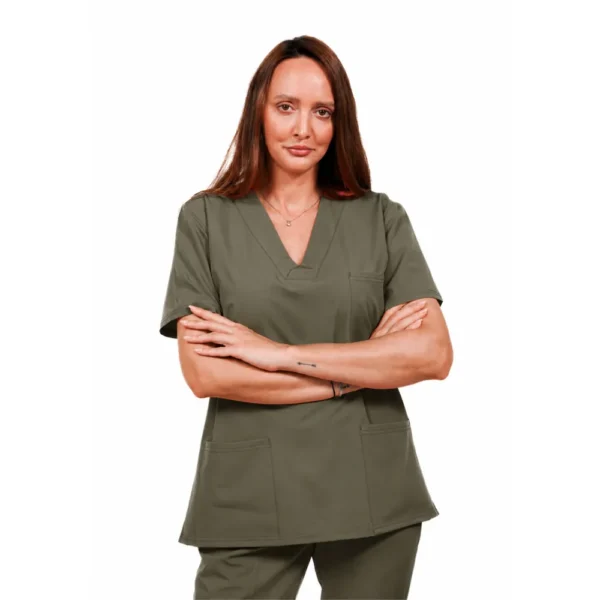 Relax Fit women’s medical blouse with crossover V-Neckline and 3 pockets, colour Olive