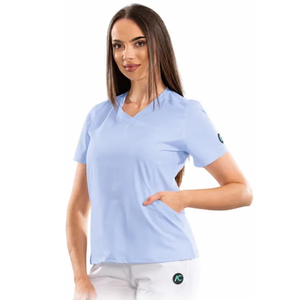 Bluză medicală damă Wrap Design cu decolteu asimetric, culoare Baby blue