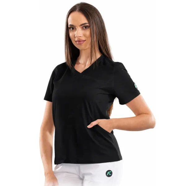 Bluză medicală damă Wrap Design cu decolteu asimetric, culoare Black