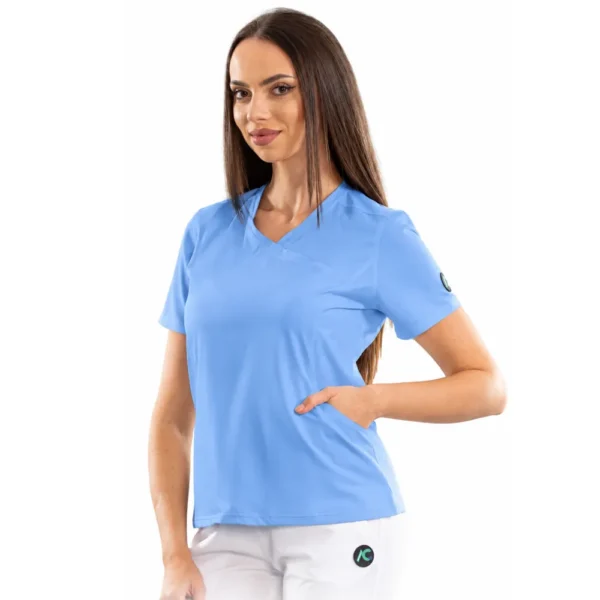 Bluză medicală damă Wrap Design cu decolteu asimetric, culoare Blue ashes