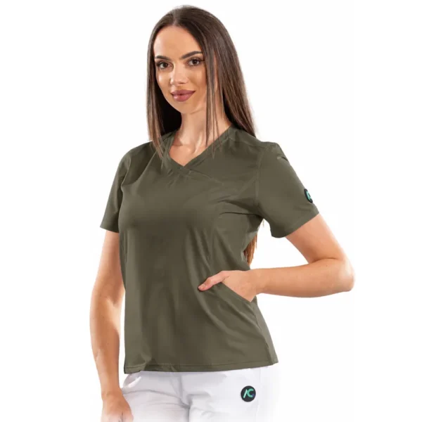 Bluză medicală damă Wrap Design cu decolteu asimetric, culoare Olive