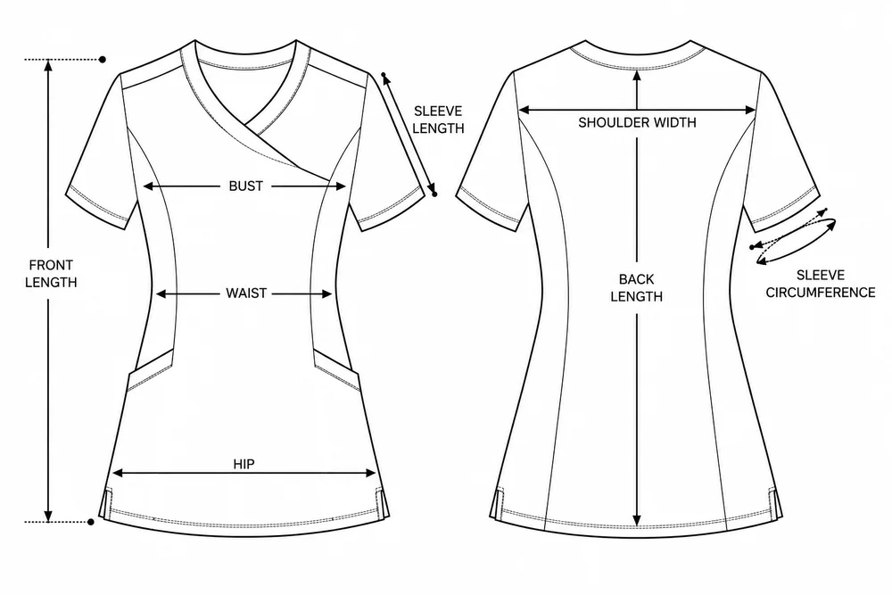 Measuring points for Women’s Wrap-style medical blouse with asymmetrical neckline