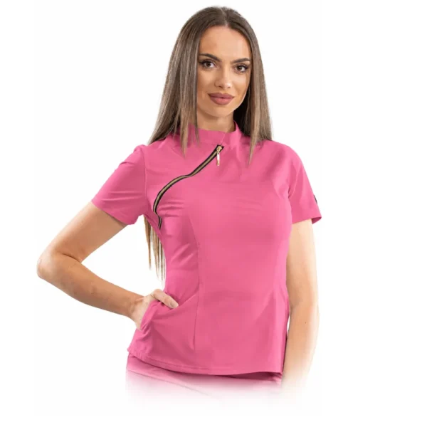 Bluză medicală damă Luxury cu fermoar asimetric, culoare Ash pink